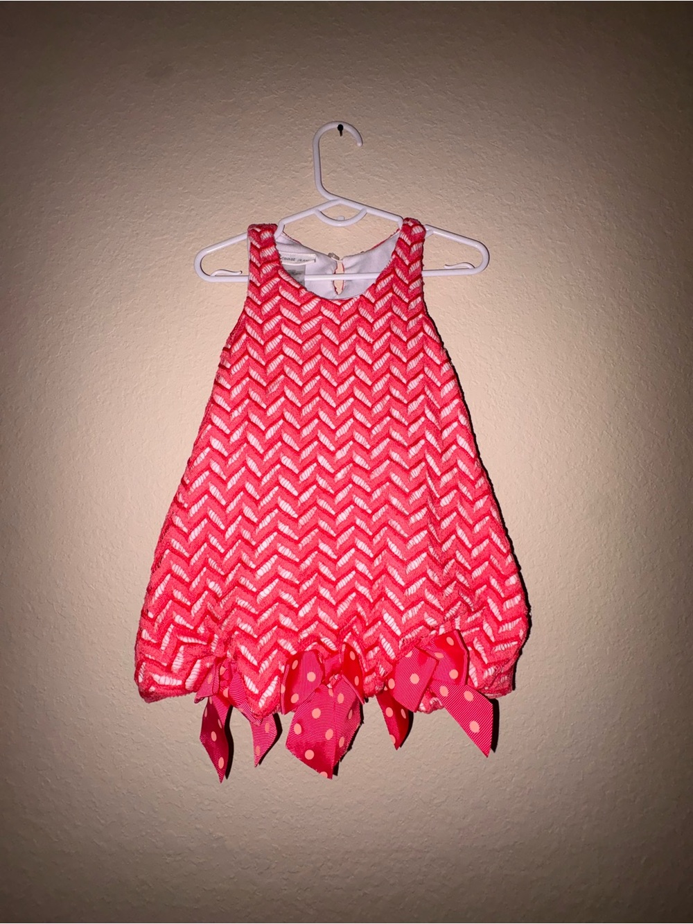 Bonnie Jean Bright Pink Chevron Knit Dress with Polka Dot Bow Accents